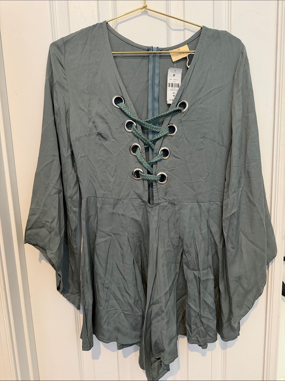 Women’s Lace-Up V-Neck Flowing Tunic Top - Slate Green